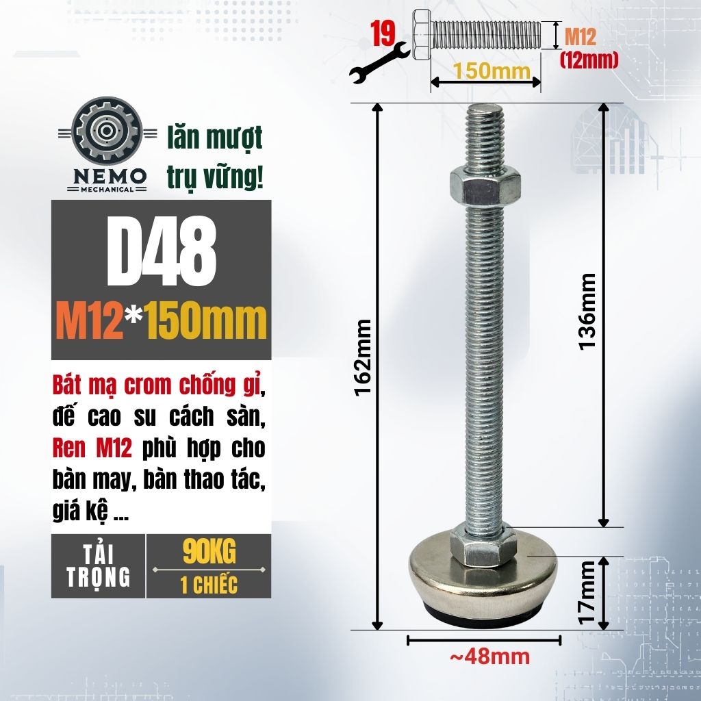Chân Tăng Chỉnh Bát Thép Mạ Crom – Thẩm Mỹ Cao, Chống Rỉ Sét & Cân Bằng Thiết Bị (M8, M10, M12)